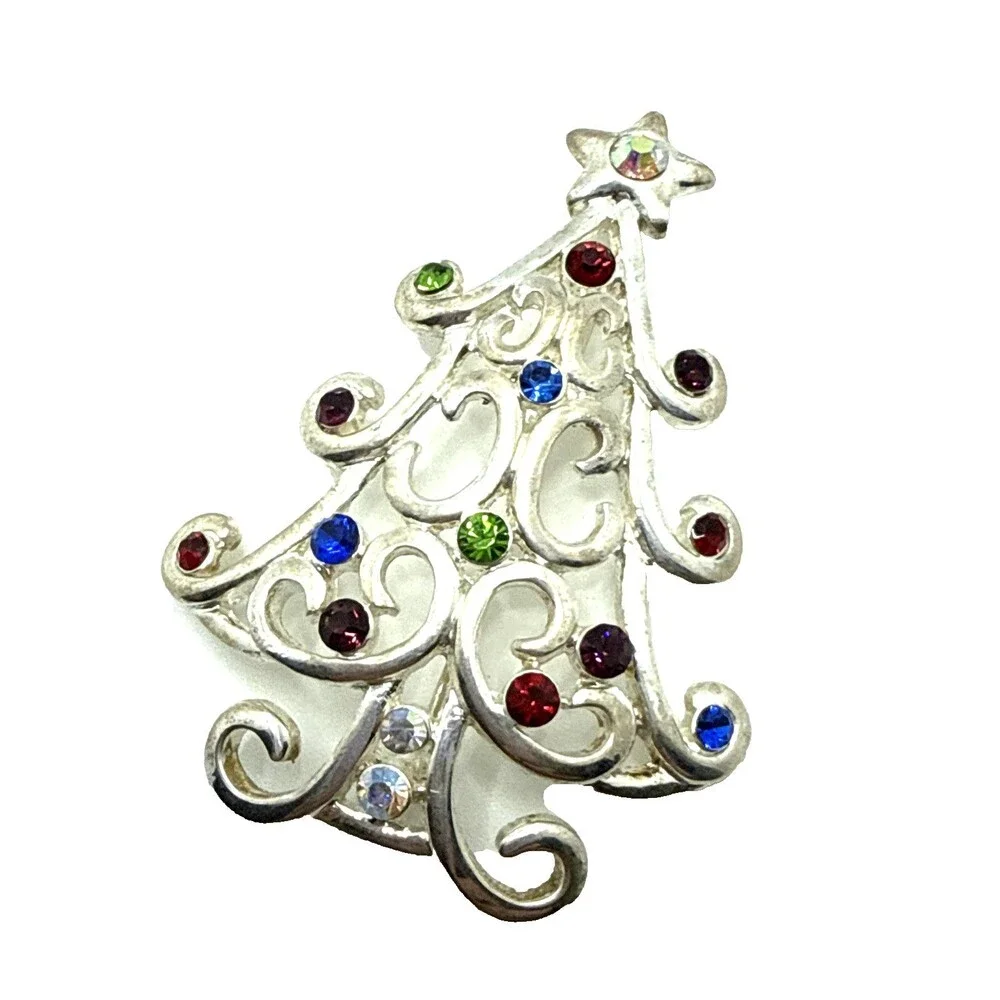 Vintage Kenneth Cole Rhinestone Christmas Tree Brooch Silver Tone KC Holiday Pin